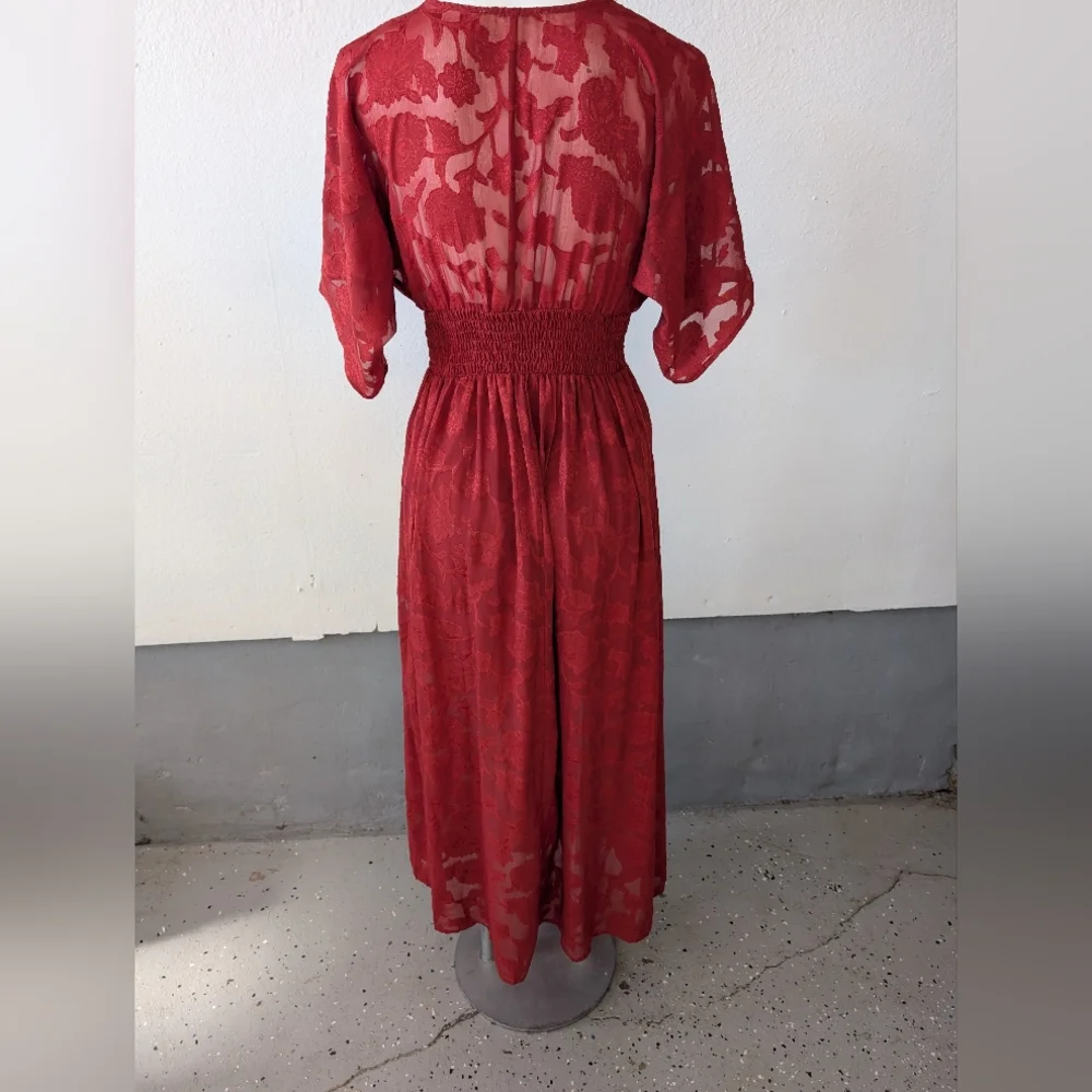 Miami Deep Rust Sheer Floral Patterned Maxi Length Bohemian Hippie DRESS sz S